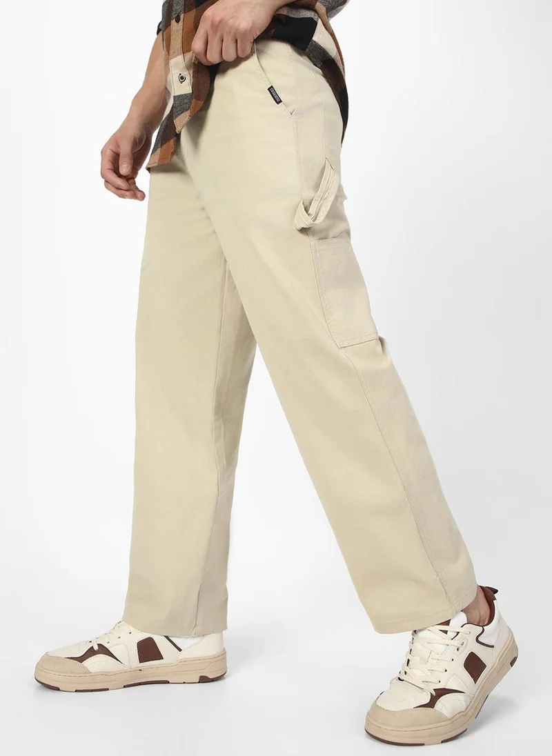 Urbano Fashion Men's Cream Loose Baggy Fit Solid Carpenter Trouser Pant with 5 Pockets Non-Stretchable